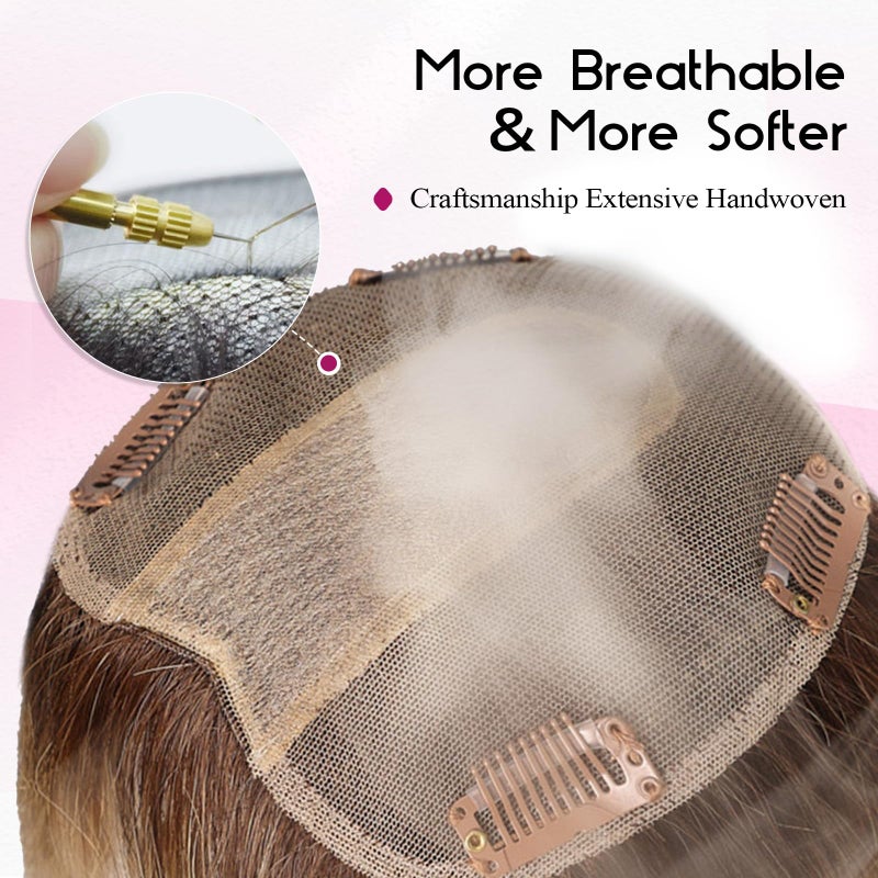 EMMOR Real Hair Toppers for Women Human Hair Toppers for Thin Hair 5"×5.5" Hand-woven Skin Scalp Silk Base Cover 14inch Top Hairpieces Wiglets for Women(Ombre Mixed Blonde) - Image 3